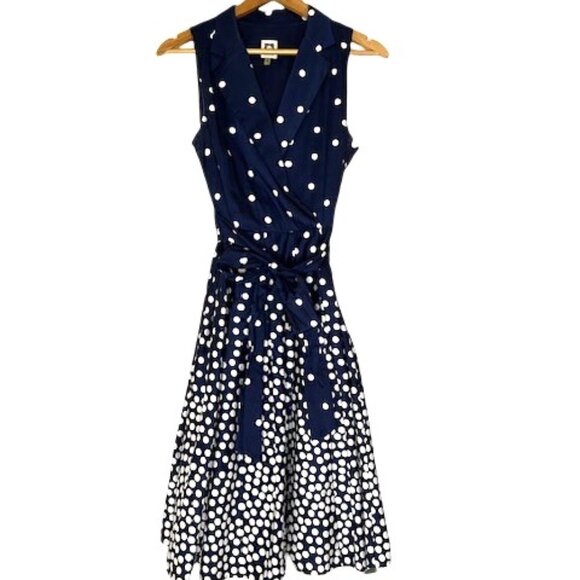 Anne Klein Dresses & Skirts - Anne Klein Navy Blue Polka Dot Faux Wrap Dress - Size 6